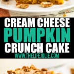 Cream Cheese Pumpkin Crunch Cake is the seriously easy fall dessert that you'll want to bring to every party! This cake mix hack includes a pumpkin sheet cake, cheesecake layer and a crumbly streusel topping with pecans. Every single person who tries it goes crazy over it and begs for the recipe.