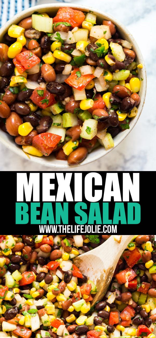 This Mexican Bean Salad Recipe is a quick and easy throw-together salad that's full of great flavor! Made with beans, celery, cilantro, tomatoes, onions, peppers, lime and slices, this is a delicious side dish the whole family will love!