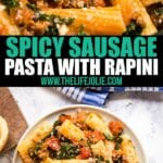 Spicy Sausage Pasta with Rapini is an easy and delicious dinner that will have everyone fighting for seconds! Made with rigatoni pasta, rapini, spicy Italian sausage and Tuttorosso San Marzano Style Chopped Tomatoes in Puree with Sea Salt, this is a definite keeper!