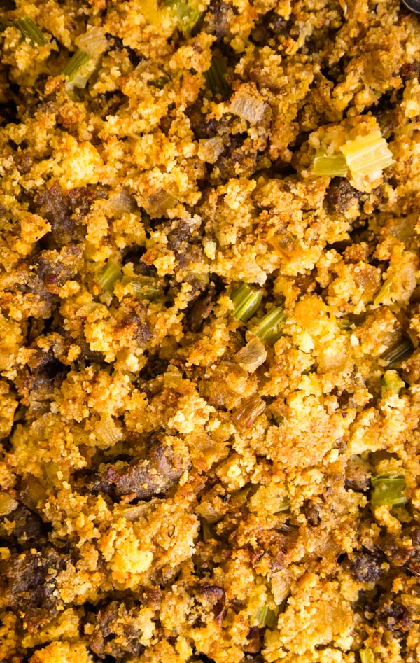 A close up overhead image of featuring the texture of cornbread stuffing.