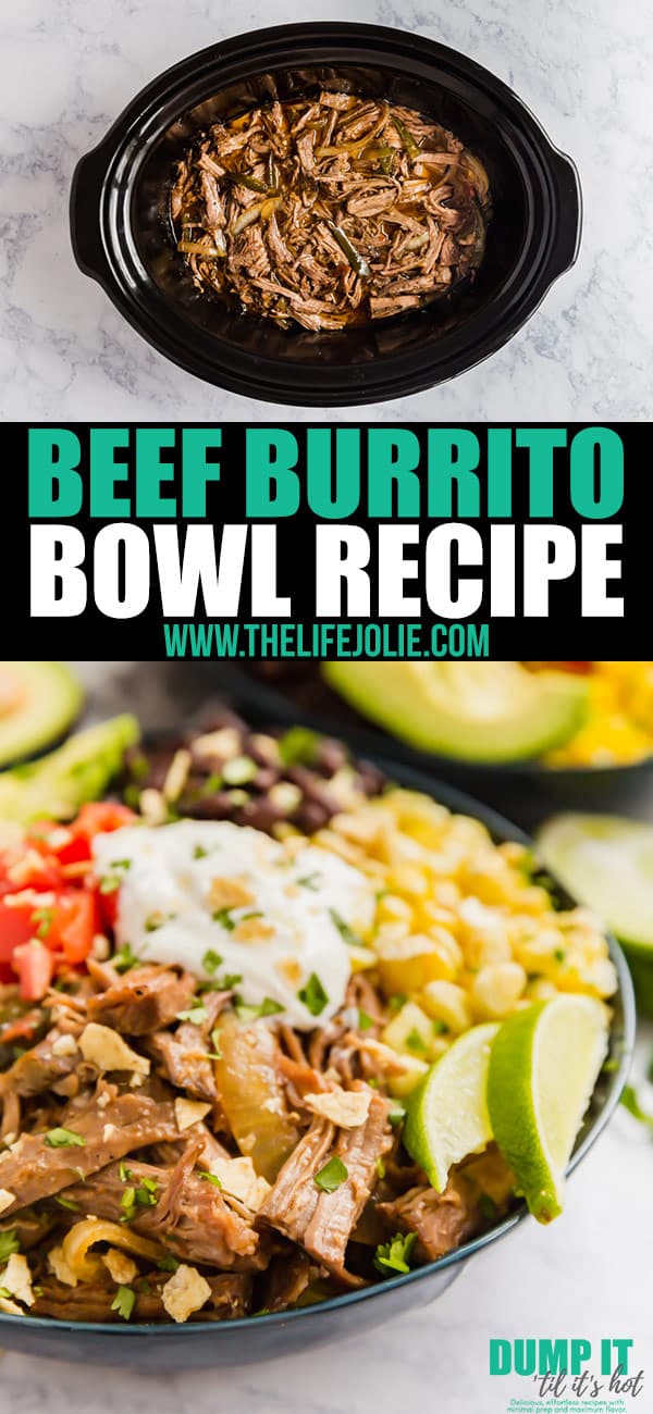 This Beef Burrito Bowl recipe is full of fantastic flavor and also easy to throw together! It's a tasty slow cooker or instant pot recipe the whole family will love!