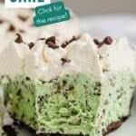 A straight on image of ice cream pie with a bite taken from it.