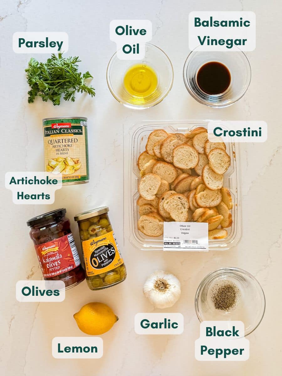An overhead image of labeled recipe ingredients.
