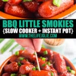 BBQ Little Smokies are everything you could possibly want for your game day spread! Savory cocktail wieners in a sweet and smoky sauce with almost no work on your part. These are the perfect dump-and-go appetizer!