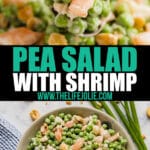 This Pea Salad with Shrimp recipe is a super easy side dish that's perfect for any gathering! It's served cold because it's creamy with sweet green peas (I totally used frozen!), shrimp, and cashews and water chestnuts which make it crunchy. Make this if you need a tasty and light Thanksgiving side dish!