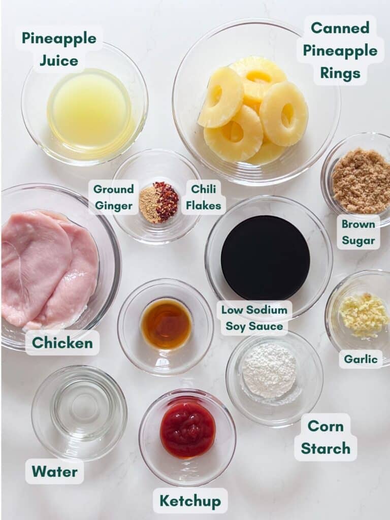 All the ingredients for Aloha Chicken in clear bowls.