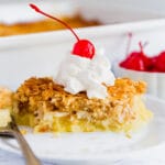 Pina Colada Dump Cake is the easiest dessert you’ll make. Made with crushed pineapple, cake mix, coconut and butter, just dump the ingredients into the pan and let the oven do the rest of the work!