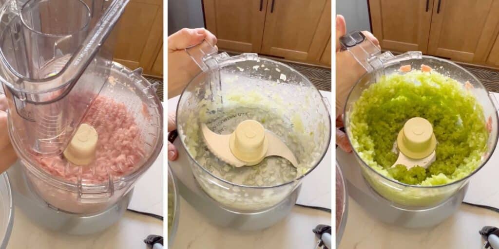 A collage of 3 images- the first is ham being chopped in a food processor, the second is onion being chopped in the food processor and the third is celery being chopped in the food processor.