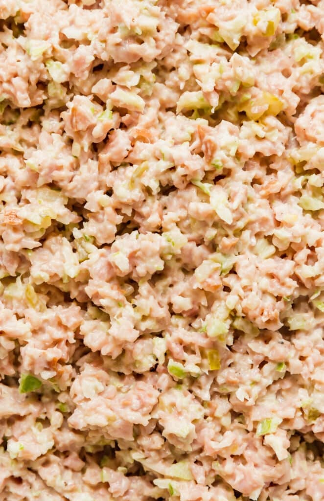 A close up image of ham salad.