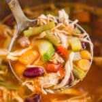 Chicken Minestrone is an easy and comforting soup to serve for an easy lunch or dinner. This classic minestrone soup is full of delicious vegetables and fall-apart-tender chicken, with a secret ingredient that gives the most fantastic flavor!
