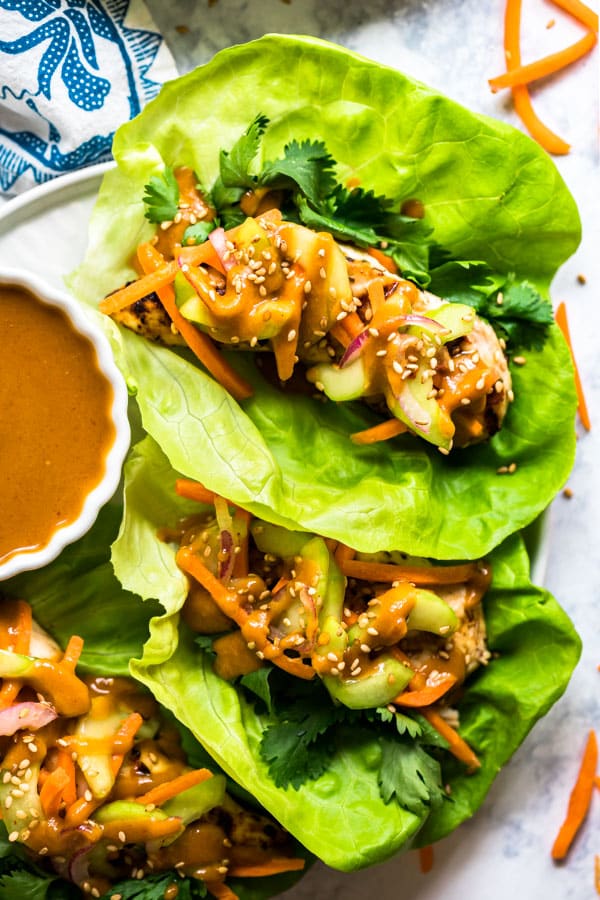 An overhead image of two lettuce wraps recipe on a plate.