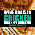 Wine Braised Chicken is the most mouthwatering, savory dinner you'll ever try! Slow simmered in red wine, this fall-apart-tender chicken is an easy dinner recipe the whole family will love.