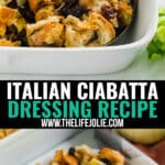 This Italian Ciabatta Dressing Recipe is about to become your new go-to for Thanksgiving. Whether you serve it on it's own or use it as a stuffing for your turkey, this easy dressing adds a flavorful twist to a traditional holiday dressing!