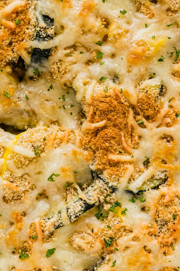 A close up image of the cheesy crust on top of squash casserole recipe