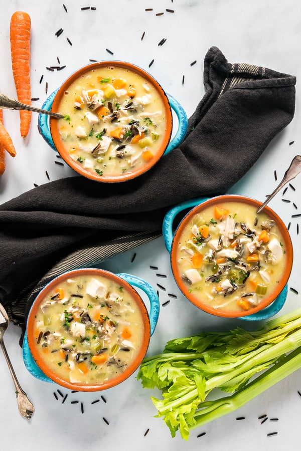 An overheead image of 3 bowls of this chicken wild rice soup recipe