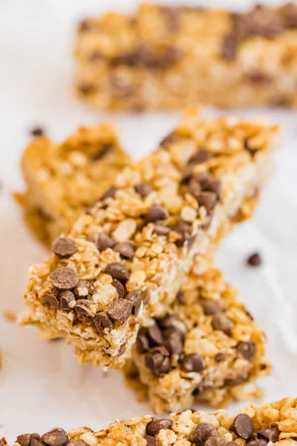 A close up image of the top granola bar in the pile.