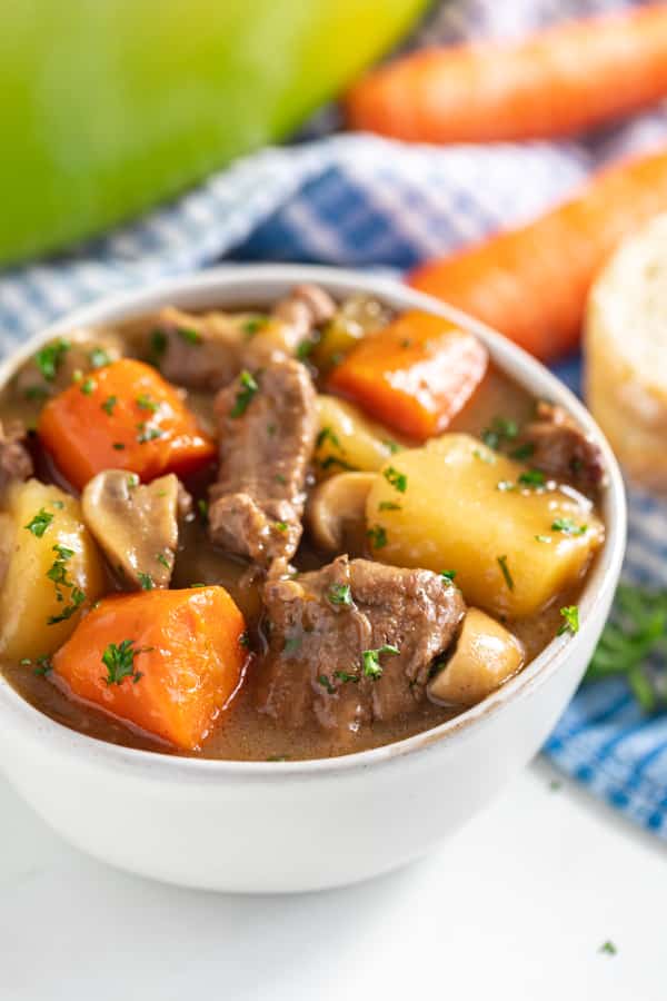 A close up image of a bowl of hearty Irish stew