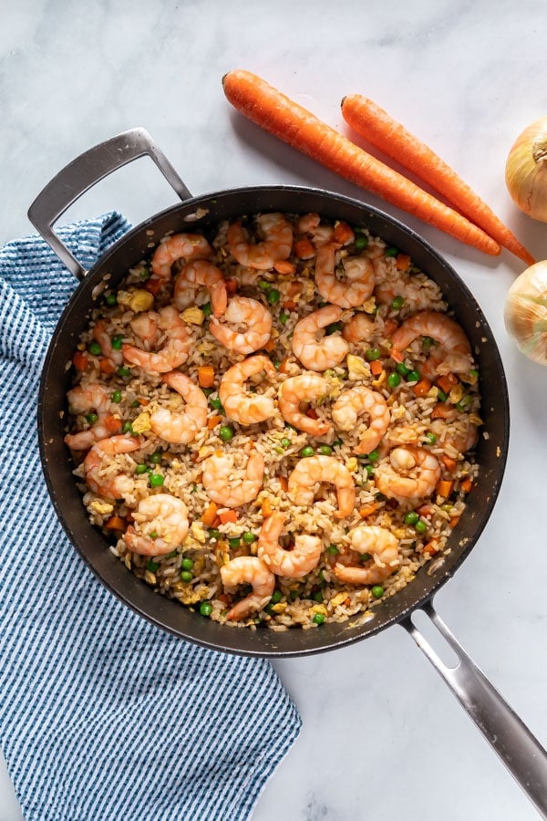 An overhead image of a pan of this shrimp fried rice recipe.