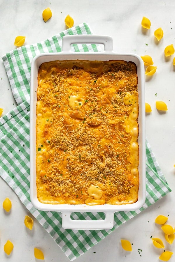 An overhead image of a pan of this recipe for baked macaroni and cheese.