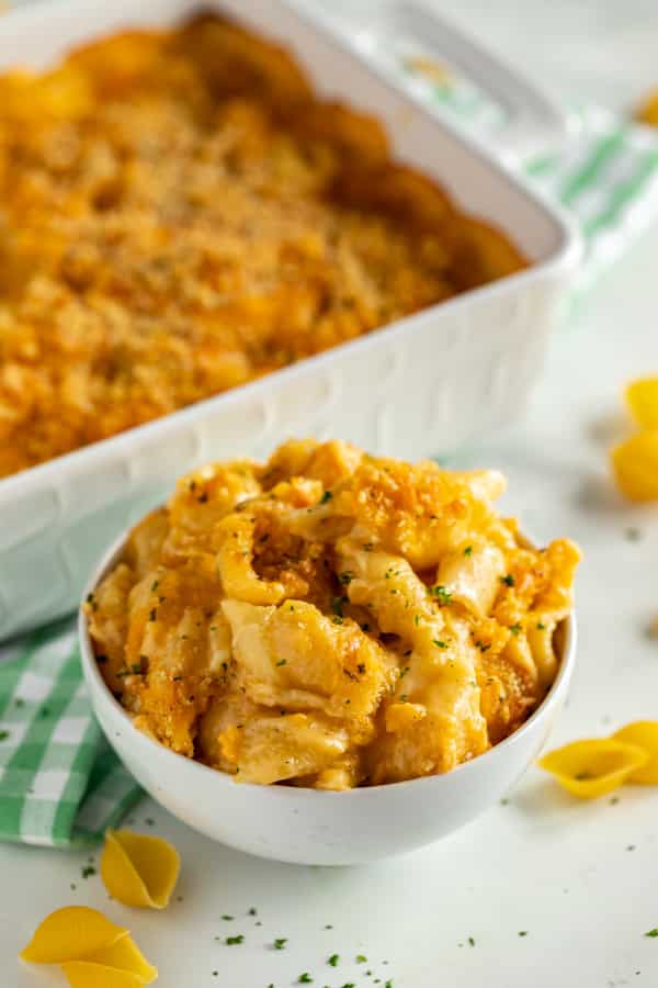 A bowl of baked mac and cheese.