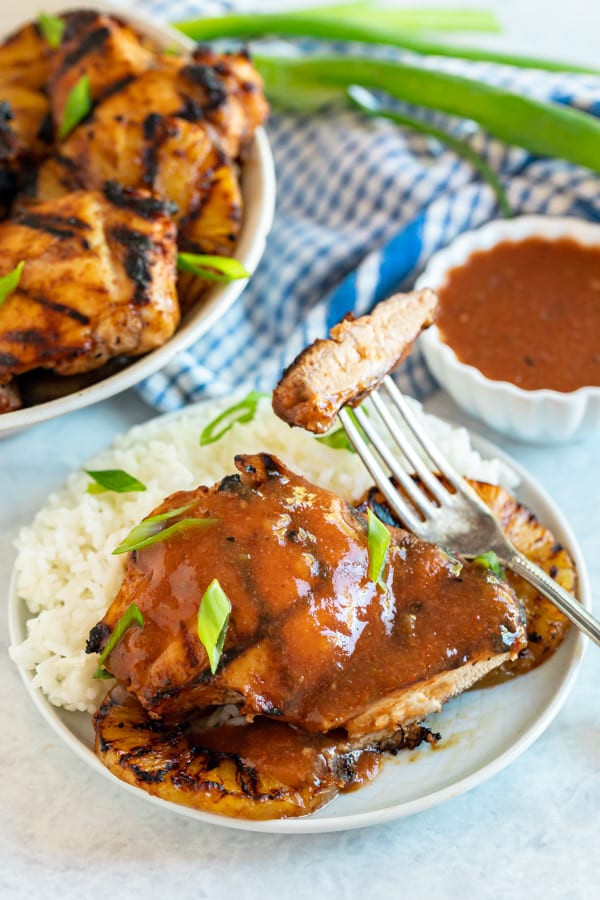 A plate of bbq chicken on rice.
