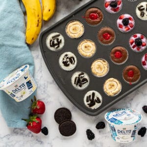 These frozen Greek Yogurt Bites are a seriously fun and easy snack and a cool treat for both kids and adults. I’ll show you how to make these 4 different ways with a variety of flavors like blueberry, cookies and cream, peanut butter banana and chocolate cherry!
