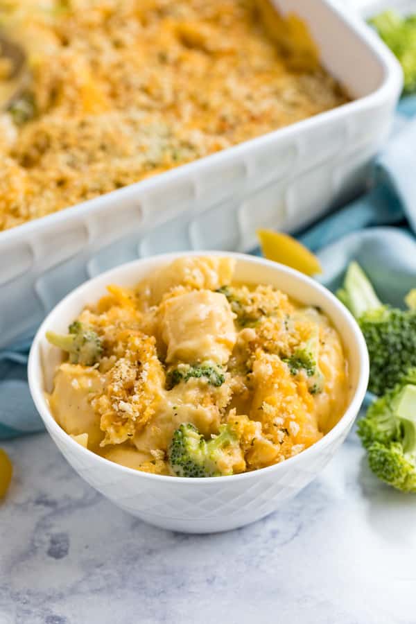 A bowl of broccoli mac and cheese.