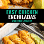 These Easy Chicken Enchiladas recipe may not be the most authentic, but they are seriously delicious and come together really quickly! They're cheesy with shredded chicken and an easy red sauce- the perfect weeknight meal!