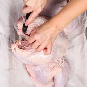 An overhead image of cutting out the wishbone from a turkey.