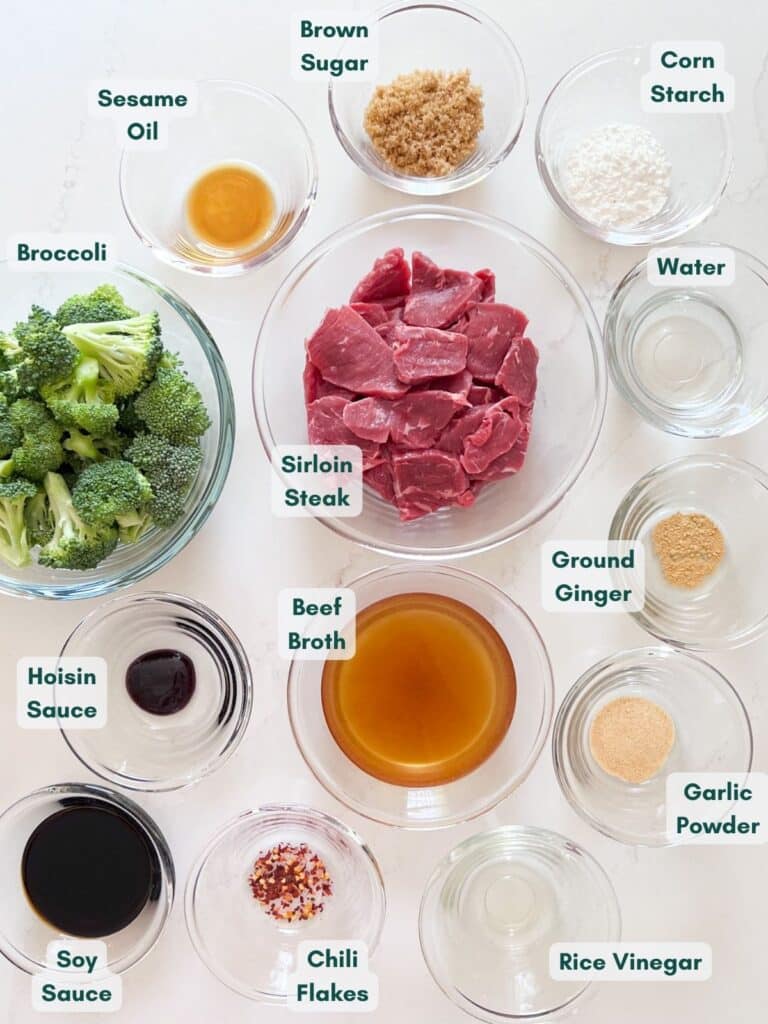 An overhead image of all the broccoli and beef ingredients labeled.