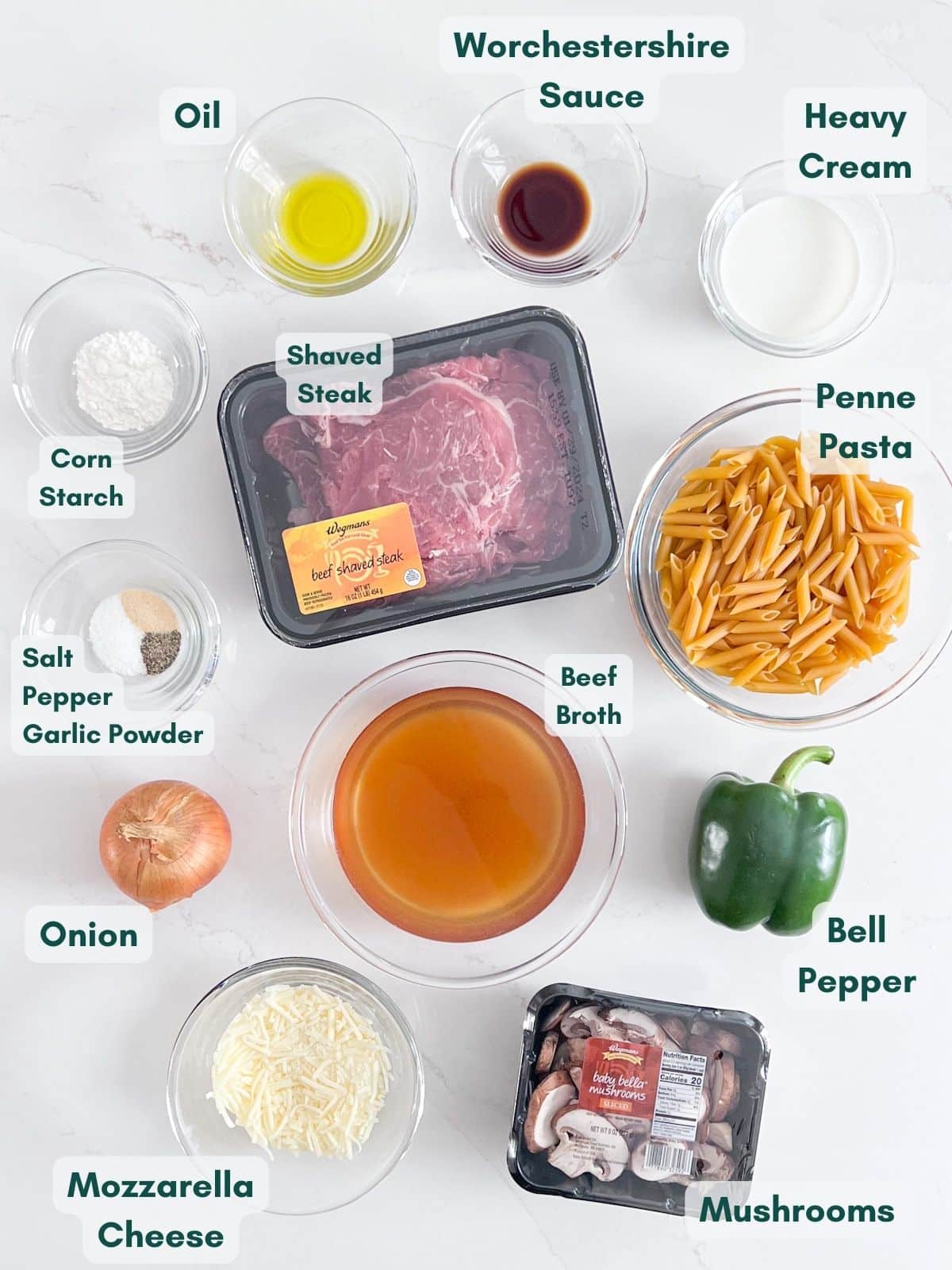 An overhead image of labeled ingredients in glass bowls.