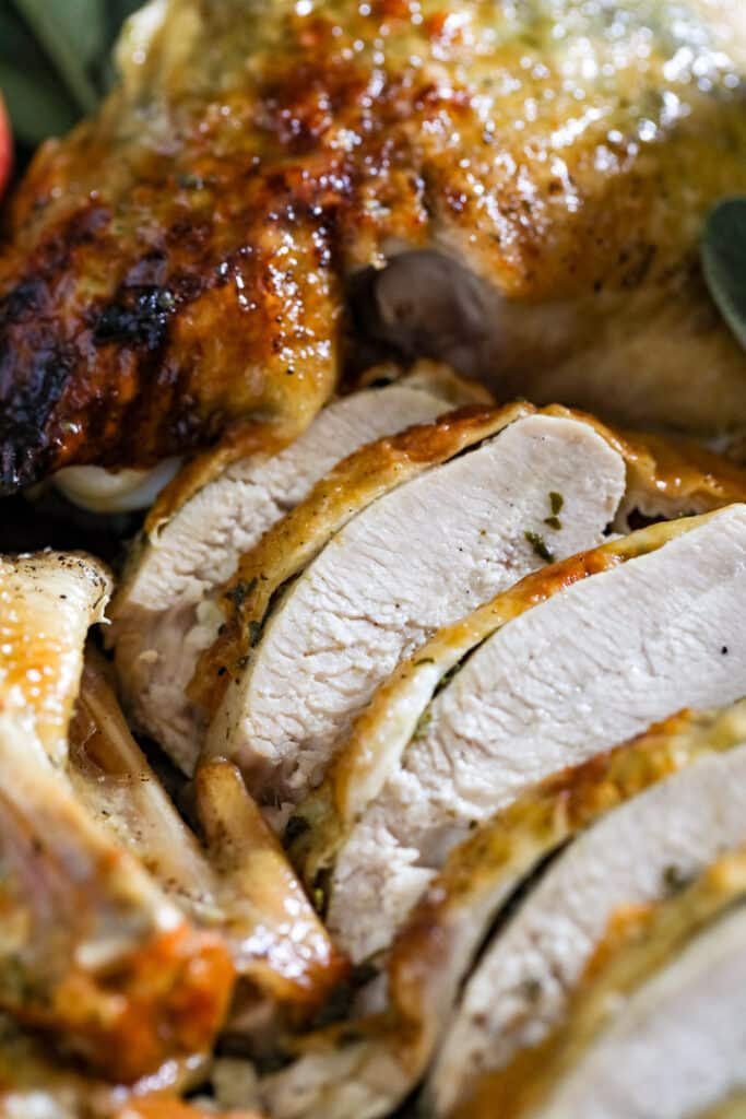 A close up image of pieces of sliced roast turkey breat.