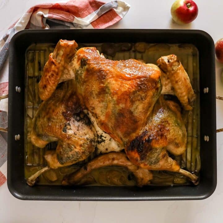 An overhead image of a roasted whole turkey butterflied and laid out in a roasting pan on a orange and grey towel with apples on the side of it.