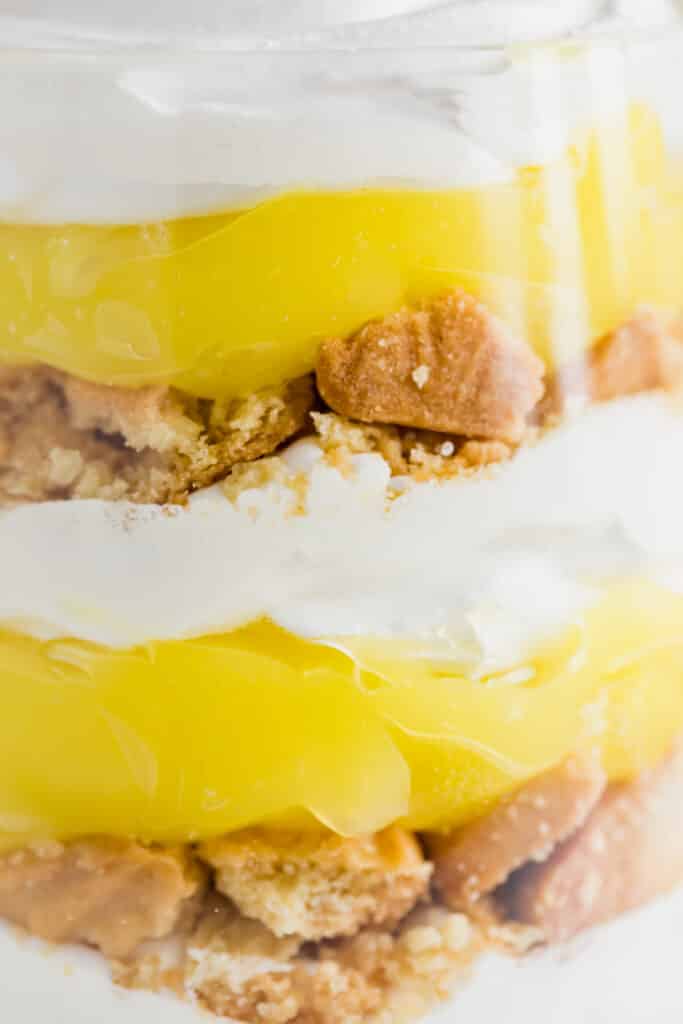 Zoomed in layers of the side of a lemon parfait.