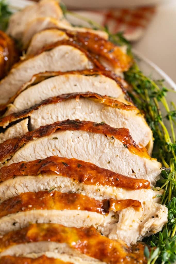 A close up image of sliced turkey breast.