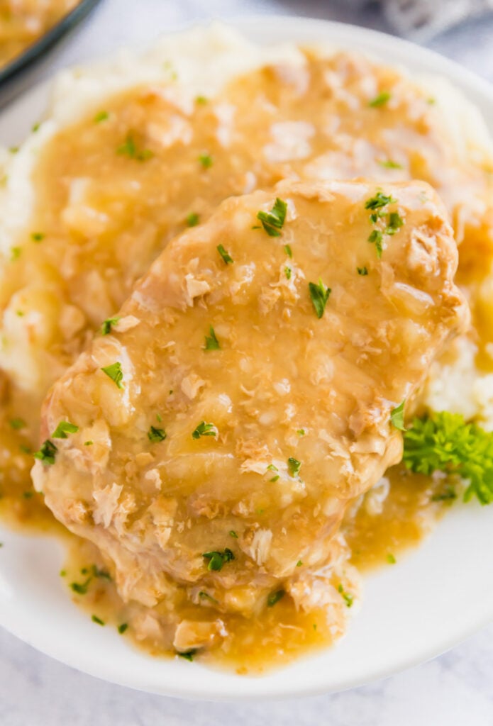 A close up image of a smothered pork chop and gravy on mashed potatoes.