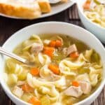 A bowl of easy chicken noodle soup.