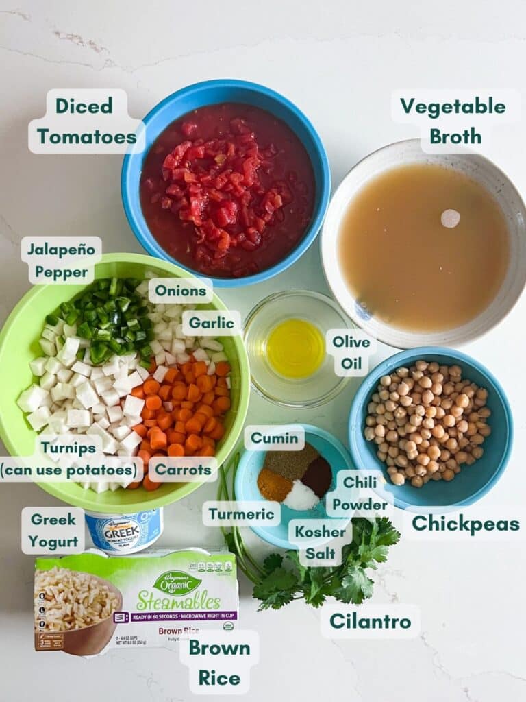 Stew ingredients in bowls and labeled.