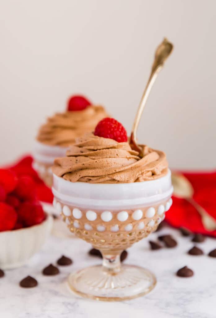 An image of a chocolate mousse cup with a spoon in it and a raspberry on top.