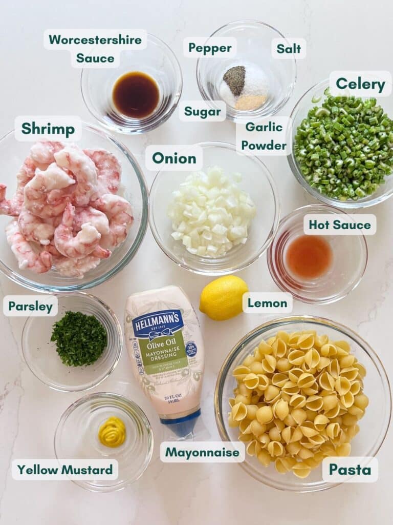 An overhead image of the ingredients labeled for this salad.