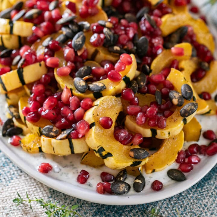 A side angle shot of Delicata squash with pomegranates and pepitas on top of it.