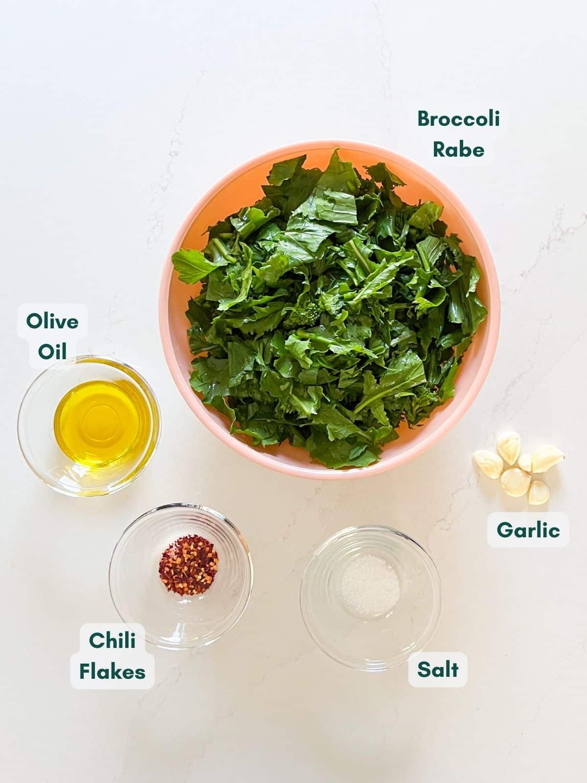 An overhead image of rapini recipe ingredients labeled.