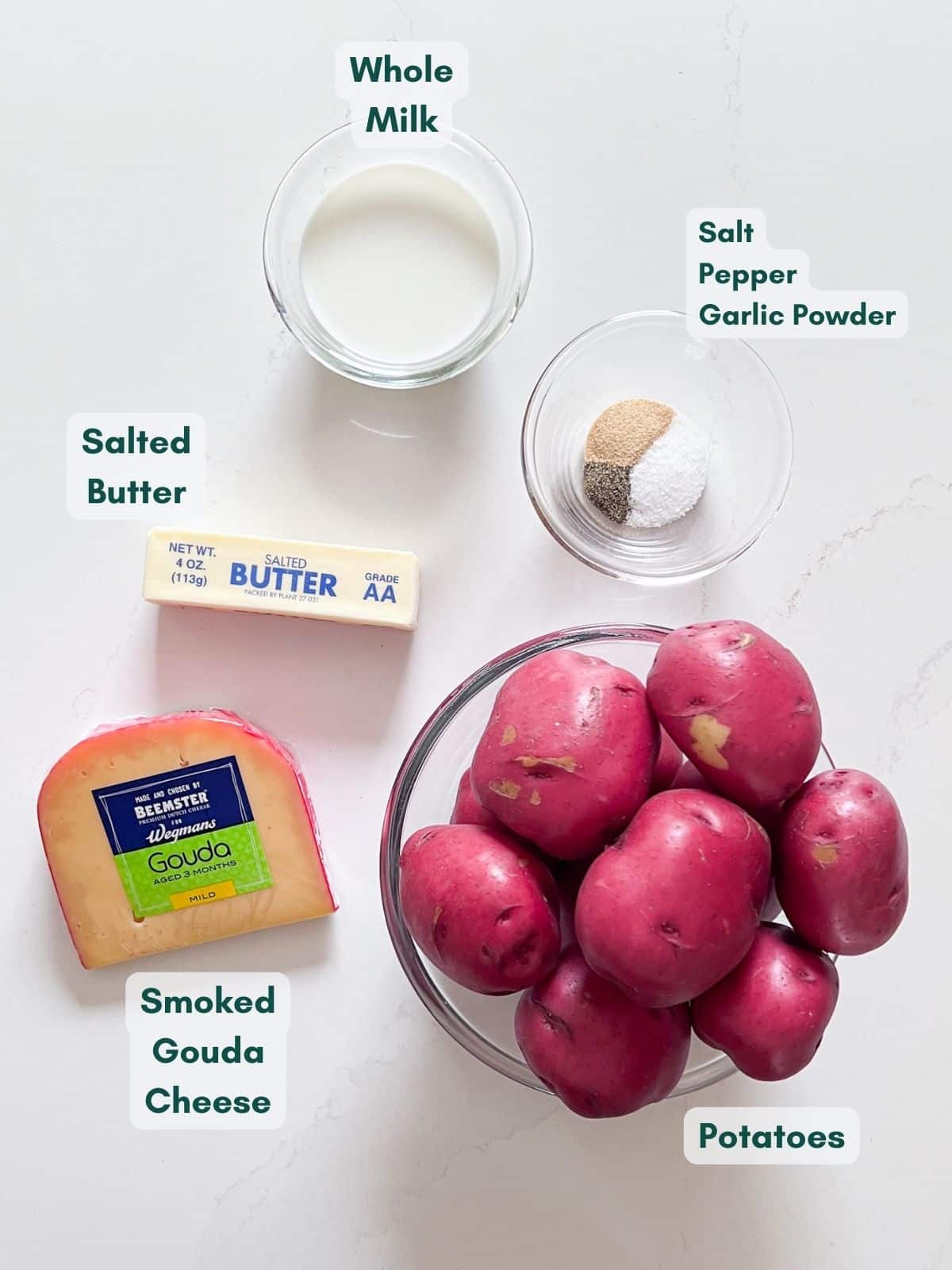 An overhead image of the ingredients labeled for gouda cheese mashed potatoes.