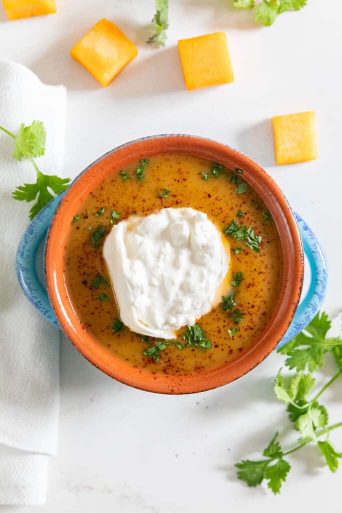 An overhead image of the soup with cheese and cilantro on top and surrounding the bowl.