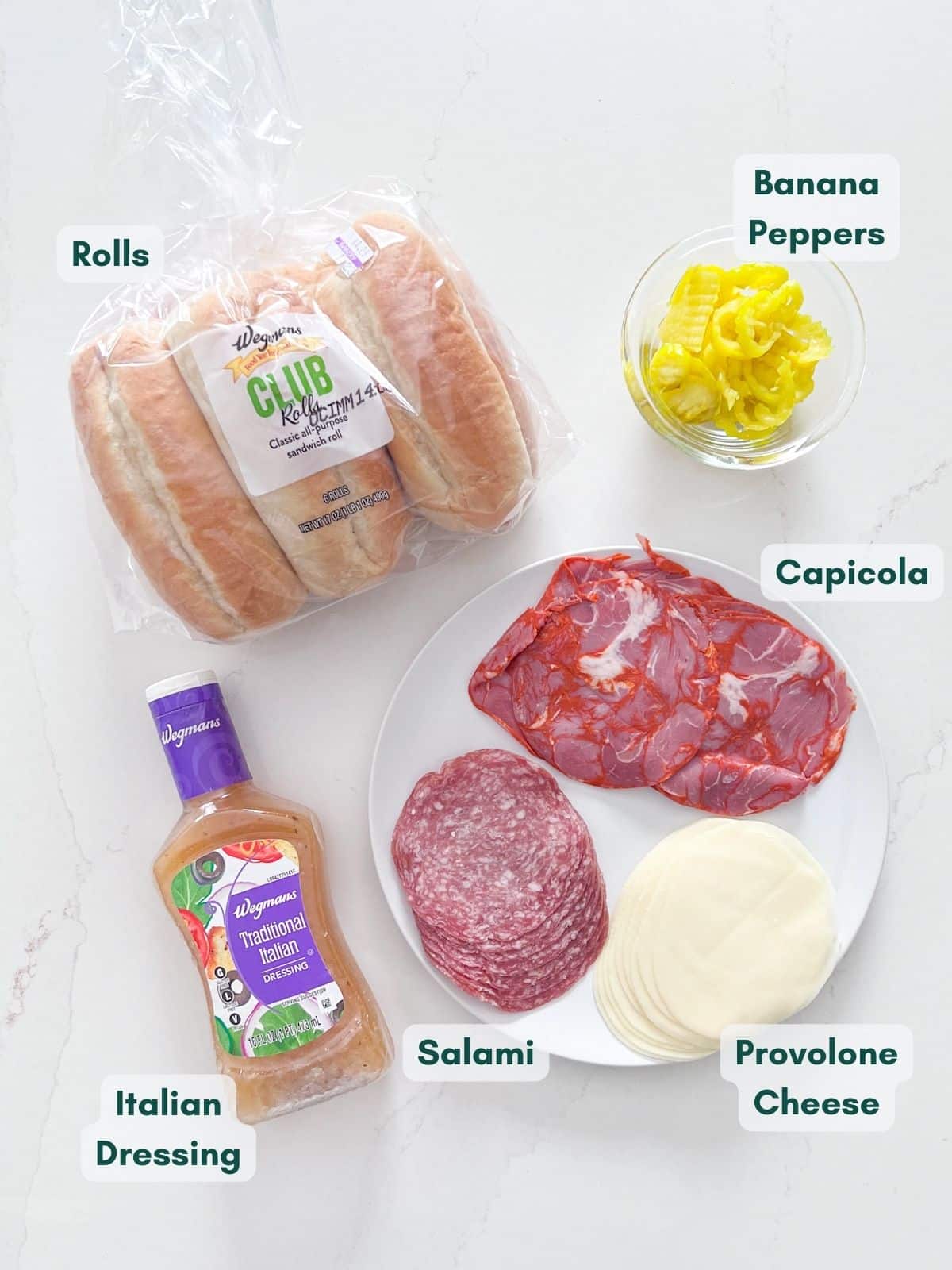 An overhead image of the sandwich ingredients labeled.