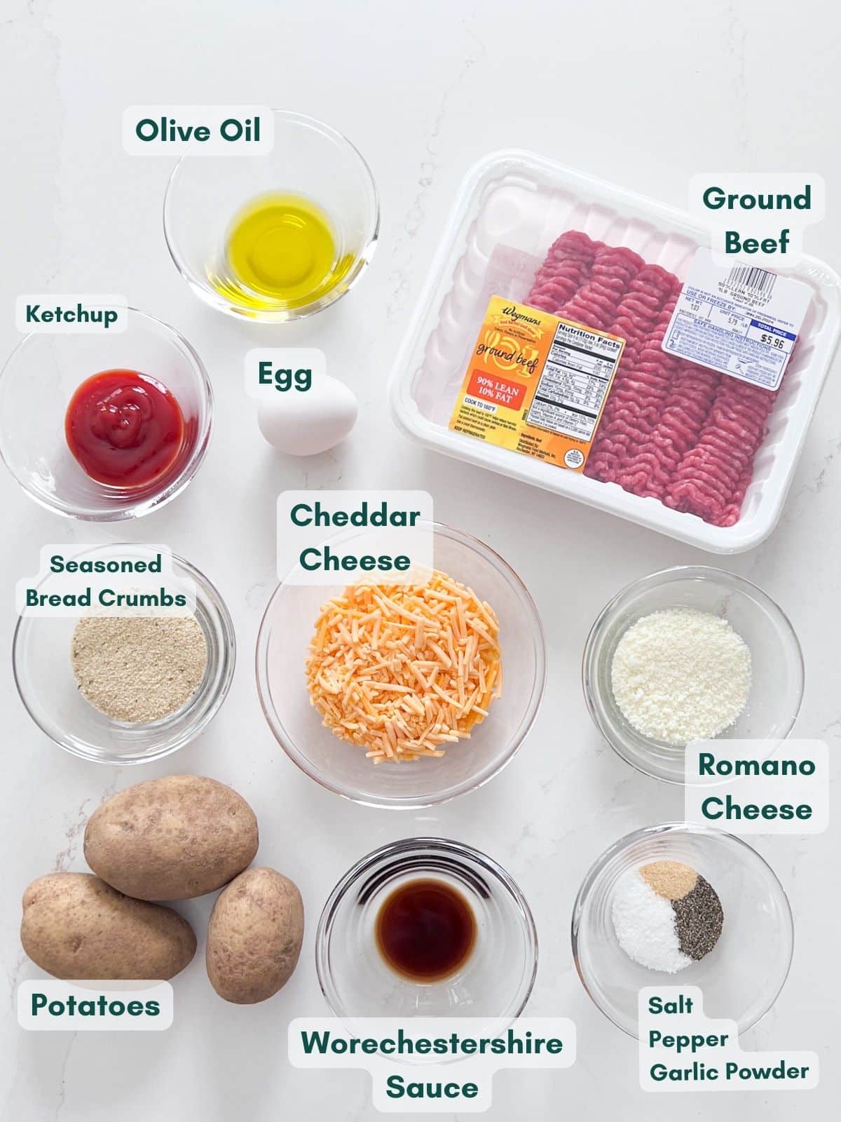 An overhead image of the  meatloaf and potatoes ingredients in clear bowls labeled.
