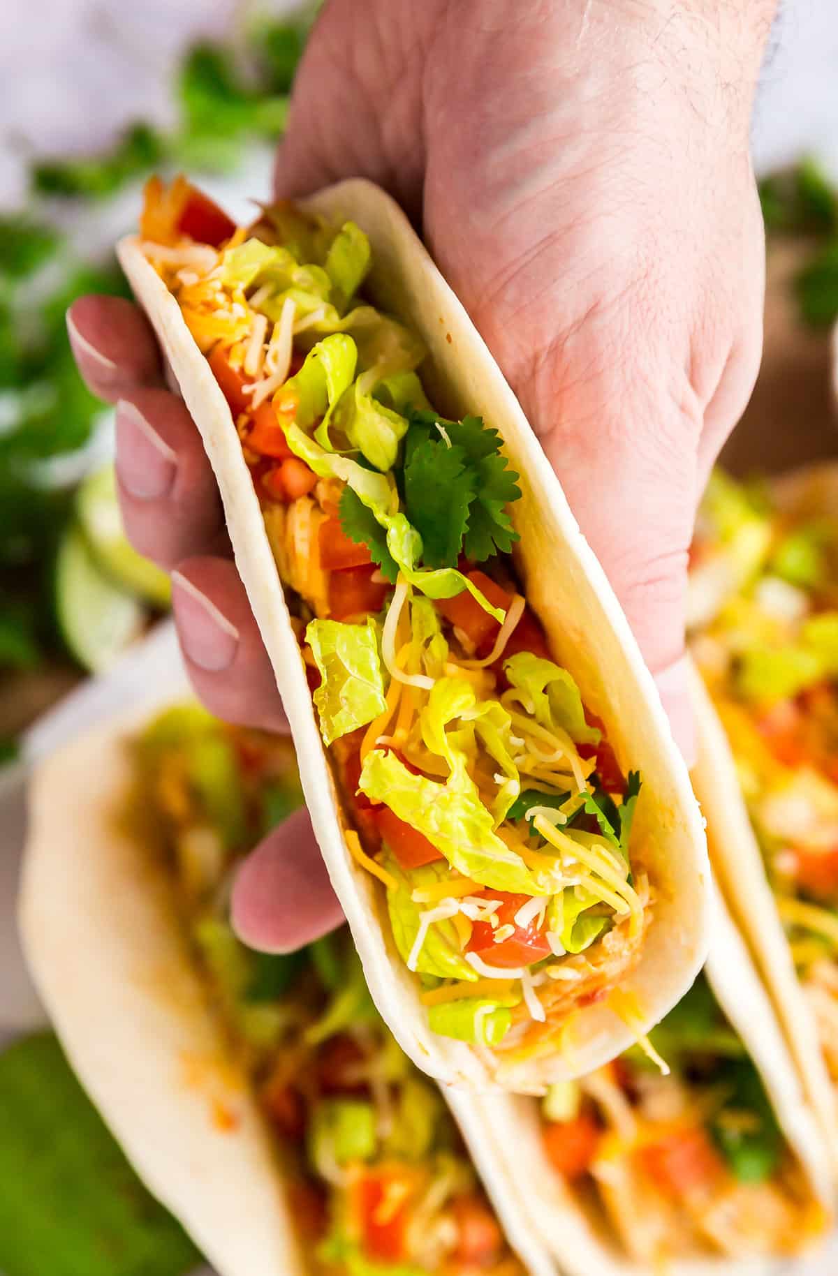 A hand holding a taco with chicken, lettuce, tomatoes and cheese.
