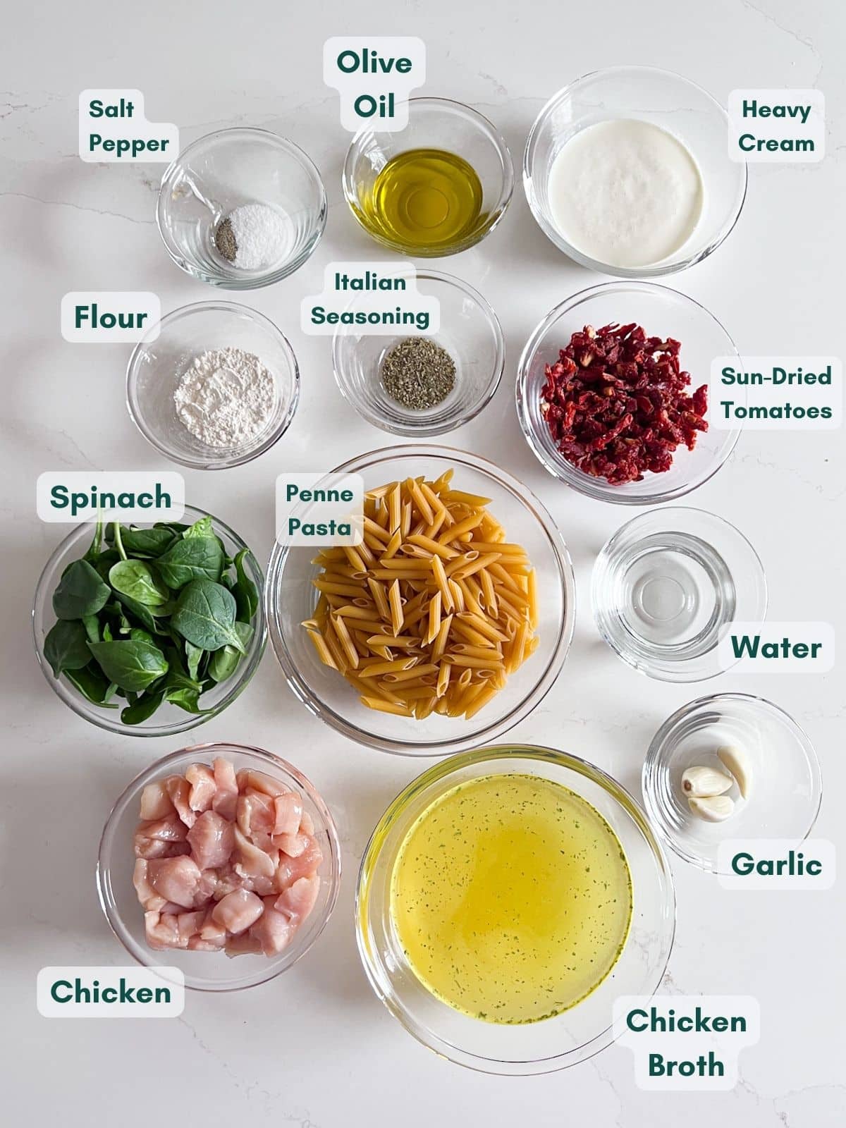 An overhead image of the labeled ingredients in glass bowls.