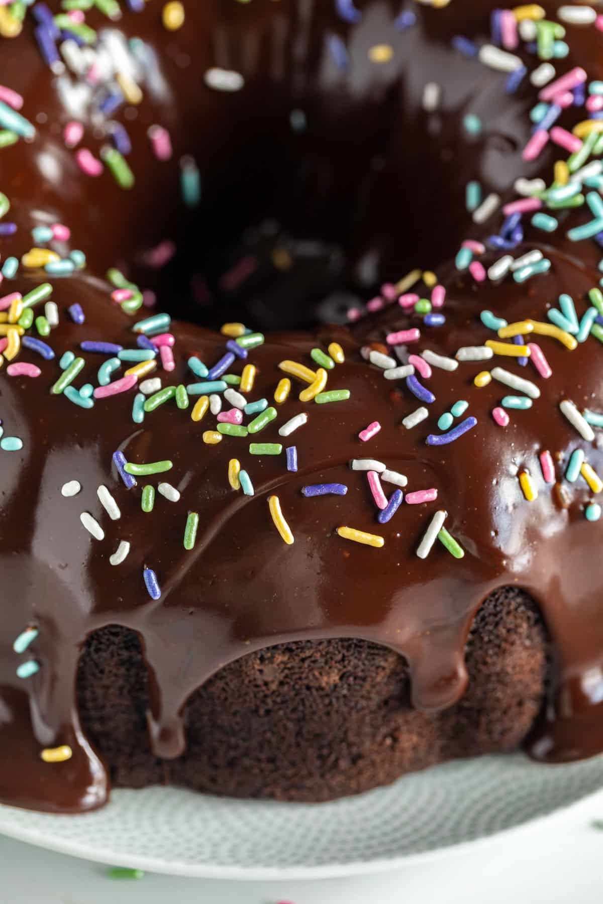 A close up image of the side of a chocolate cake showing the drips of ganache and rainbow sprinkles on top of it.