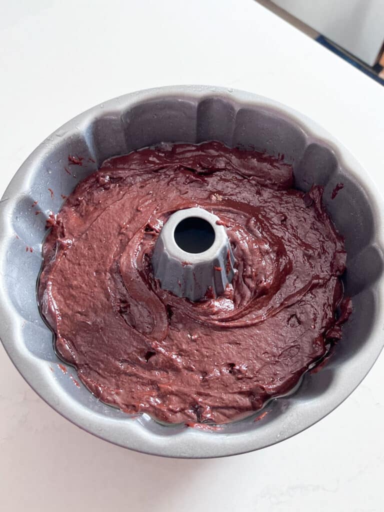 Cake batter in a bundt pan.
